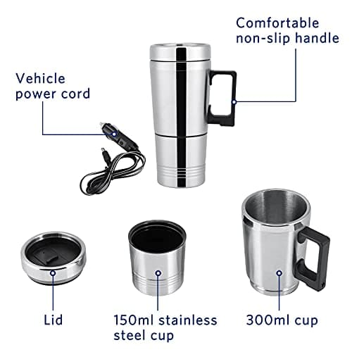 HERCHR 12V/24V 300ML Bouilloire électrique de Voiture de Voyage, Tasse Chauffée électrique de Tasse de Wagon d'acier Inoxydable avec Une Tasse de Chauffage pour l'eau, Thé, Café, Lait(24V)