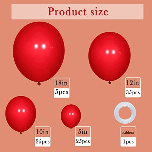 Lot de 100 guirlandes de ballons rouges rouges - Différentes tailles : 45, 30, 25, 13 cm - Guirlande de ballons rouges à l'hélium - Décoration de fête pour fiançailles, mariage, baby shower