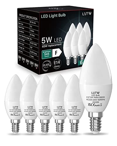 LUTW Ampoule LED E14 Blanc Froid 6500K, Ampoule Bougie LED C37, 5W Équivalent 40W, 545LM, Ampoule Petit Culot à Vis E14, Économie d'Énergie à Angle de Faisceau 160°, Non Dimmable,Lot de 6