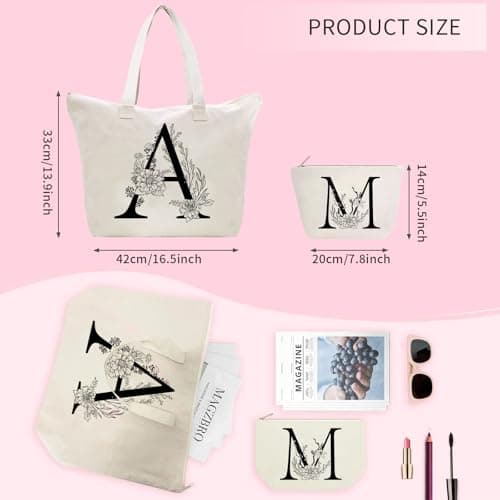 Sac Fourre-Tout en Toile avec Initiale Fleur, Personnalisés Sac Tote bag en Toile Coton Trousse de Maquillage, Idéal pour Mariage Anniversaire Noël, Cadeau pour Femmes Amis Maman Sœurs T