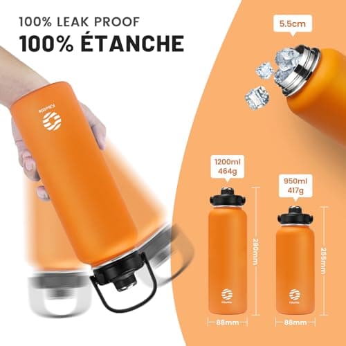 Fjbottle Gourde en acier inoxydable avec paille 950 ml/1200 ml, 2 couvercles sans BPA, Bouteille d'eau anti-fuite – Bouteille isotherme pour le sport, le vélo, l'école, le fitness