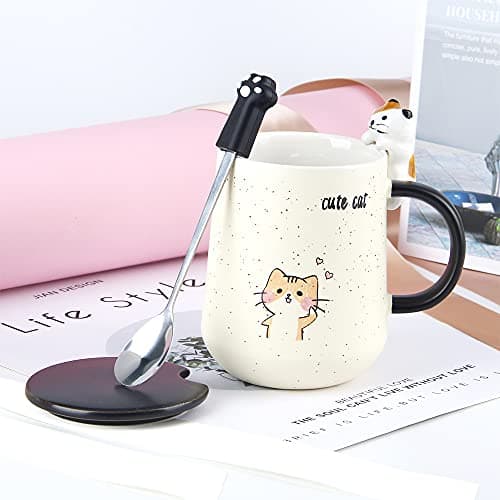 XinHuiGY Tasse de chat,Tasse à café mignonne en céramique,avec couvercle en forme de chat 3D et cuillère,pour thé, lait, chocolat chaud, cadeau pour Noël, anniversaire pour filles et femmes (Jaune)