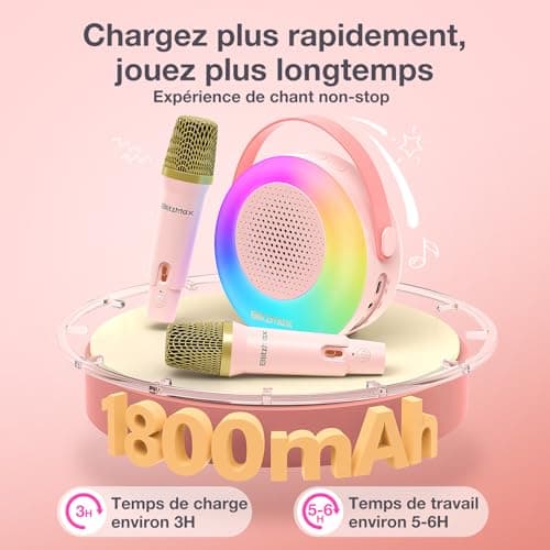BlitzMax Micro Karaoke avec 2 Micro sans Fil, Karaoke Enfant Haut-Parleur Bluetooth Portable, Machine de Karaoké avec Lumières et Sons, Cadeau pour Enfants et Adultes, pour Fête et Voyage (Rose)