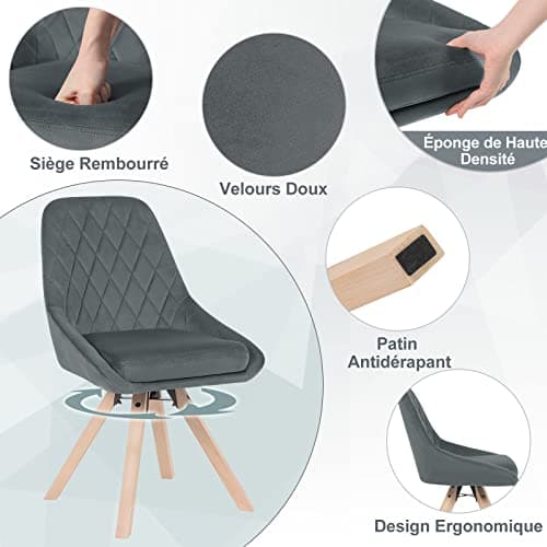 WOLTU Chaise Pivotante de Salle à Manger, Chaise de Cuisine Scandinave, Chaise de Salon, Chaise avec Siège Rembourré, Pieds en Bois Massif, Chaise en Velours, Gris Foncé, BH359dgr-1