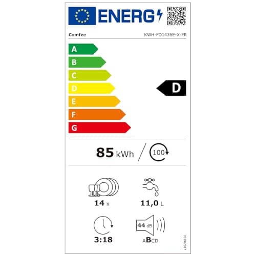 COMFEE' FD1435E-X Lave-vaisselle pose libre pour 14 couverts, grand format, 44 dB, grand écran LED, départ différé, fonctionnalité demi-charge, supports flexibles, acier inoxydable