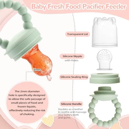WEST STORY Tetine Grignoteuse Bébé, Tetine Fruits Bebe en Silicone, Inclus Bébé Food Rangement Nourriture, 2 Grignoteuse 3 Tailles de Tétines pour Bébé de 3~24 Mois, Jouets de dentition (Vert & Rose)
