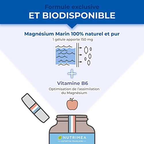 Magnésium Marin et Vitamine B6 | Breveté Simag55TM | Combat Efficacement la Fatigue | 150 mg/jour | 120 Gélules d'Origine Végétale | 4 Mois de Cure | Fabrication Française | Nutrimea