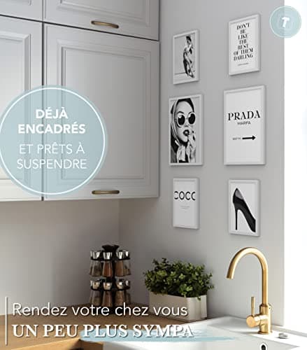 Papierschmiede® Set Mood Posters, Tableau Décoration Murale « Coco Noir et Blanc » cadres en bois laqué blanc, Bureau, Salon, Deco Chambre Parentale, Cuisine, 2x A4 et 4x A5, Glamour Lifestyle Mode