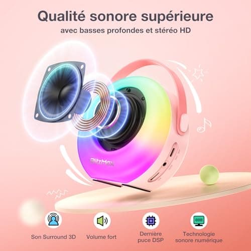 BlitzMax Micro Karaoke avec 2 Micro sans Fil, Karaoke Enfant Haut-Parleur Bluetooth Portable, Machine de Karaoké avec Lumières et Sons, Cadeau pour Enfants et Adultes, pour Fête et Voyage (Rose)