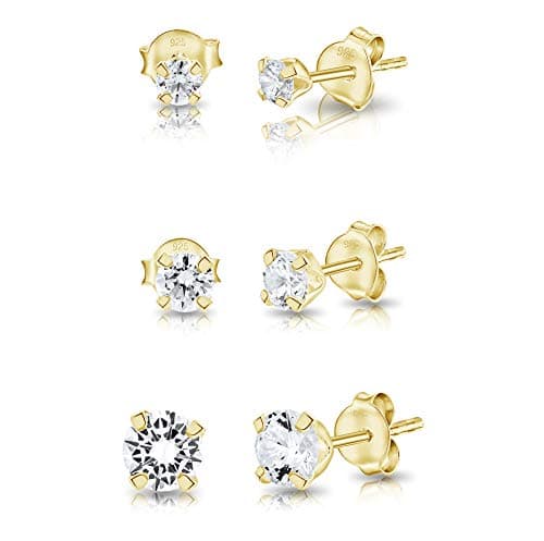 DTPsilver® 3 PAIRES lot boucles d'oreilles femme argent 925 - MINI et Petits Clous/Puces d'oreilles en Argent Fin 925 Plaqué Or Jaune et Oxyde de Zirconium - Diamètre: 3, 4, 5 mm - Blanc/Clair CZ