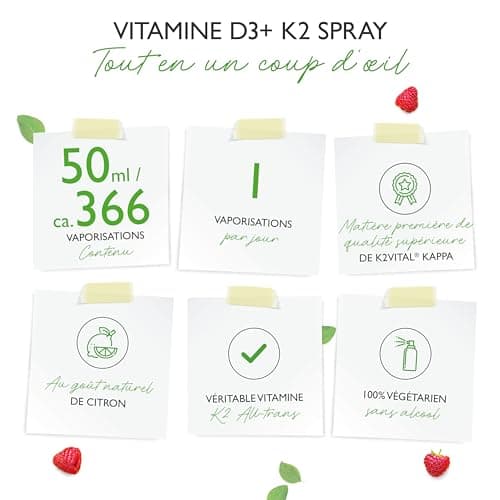 Vitamine D3 + K2 instantanée - Spray 50 ml - Goût citron - 99,7+% All-Trans (Original K2VITAL® de Kappa) - Testé en laboratoire 1000 I.U. de vitamine D3 par application