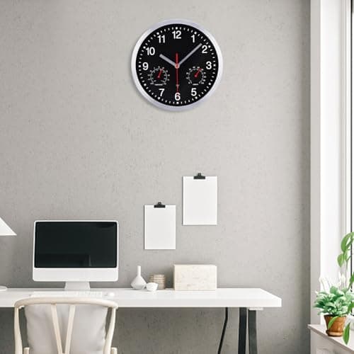 VINILITE Horloge Murale Radio Pilotée avec Thermomètre et Hygromètre Pendule Murale Silencieuse et sans Tic-Tac de 25cm pour Salon, Cuisine, Bureau, Chambre