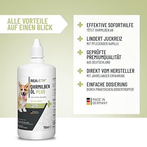 ReaVET Huile d'acariens Plus 110 ML - Produit Efficace immédiat pour Chiens, Chats et Animaux domestiques - Contre Les acariens à la Camomille - Soin Doux pour Les démangeaisons dans l'oreille