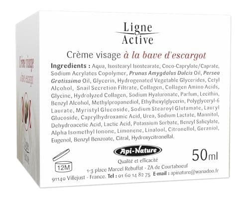 Crème Bave Escargot Visage 50 ml | Crème Anti Rides Femme | Avec Collagène Et Acide Hyaluronique | Anti-Âge, Anti-Taches | Ligne Active Api-Nature (50 ml, Crème Bave d'escargot)