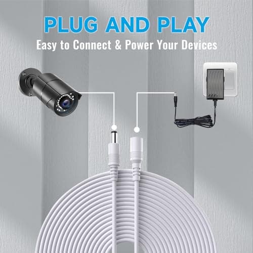 2pcs 10m Câble d'extension d'alimentation, câble d'extension DC 12V 5,5 mm x 2,1 mm Compatible avec l'adaptateur d'alimentation 12V DC ou Le Chargeur Mural pour caméra de sécurité CCTV (Blanc)