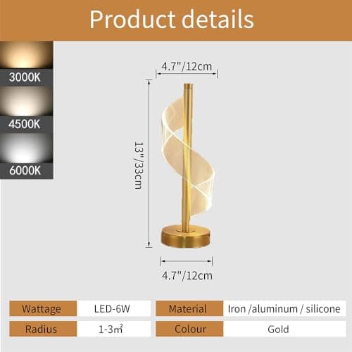Mengjay LED Lampe de chevet,LED dimmable Spirale Lampe de table,3 températures,LED Moderne Lampe de Bureau pour chambre/salon/bureau/hôtel (Doré)
