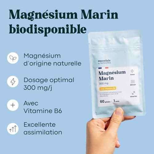 Magnésium Marin + Vitamine B6, Combat la Fatigue et le Stress, Cure de 1 mois, 60 Gélules Végétales, Magnesium Marin Pur 300 mg/jour, Fabriqué en France, Essentials by Novoma
