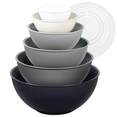 Greentainer Lot de 12 bols mélangeurs colorés en plastique avec couvercles, bols gigognes avec couvercles, 6 bols de préparation et 6 couvercles, passent au micro-ondes et au congélateur(Gris)