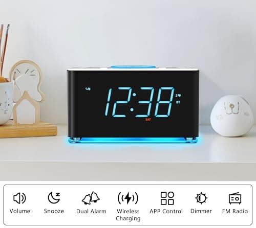 Radio réveil avec Chargeur sans Fil 15W, APP contrôle, FM Radio, Bluetooth, Deux Ports de Charge, Double réveil, minuterie de Sommeil, Snooze, gradateur Manuel Automatique iTOMA 207A