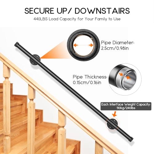 Main Courante pour Escalier, Couleeur Rampe Escalier Intérieur Exterieur Galvanisation Industrielle Antidérapante Poignée Rambarde de Sécurité Support Banister Pour Sécurité Balcon Couloir (2M)