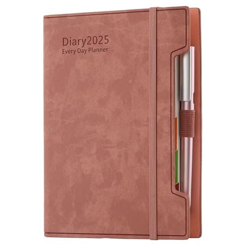 Agenda scolaire journalier 2025 de janvier 2025 à décembre 2025, 12 mois par page, format A5, couverture rigide, stylo, boucle pour stylo, autocollants (rose)