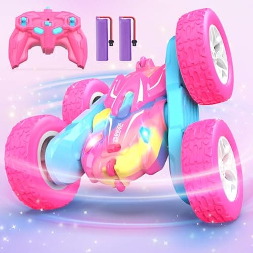 DEERC RC Voiture Telecommandé, 4WD Rose Voiture Telecommandé Enfant Fille, RC Stunt Voiture Jouet 360° Flip Rotatif et Lumière, Jouet Cadeau Fille 3-12 Ans