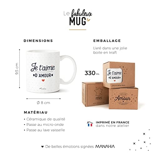 Manahia Mug Couple - Je t'aime d'amour - Imprimé en France - Cadeau Saint Valentin - Imprimé en France - 330 mL, Céramique - Cadeau Femme - Cadeau Homme - Tasse Je t'aime