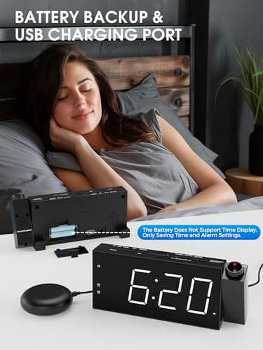 Reveil Projecteur Plafond avec Double Alarme, Horloge Numérique Bruyant pour Sourd, Alarme Bruyante&Shaker Puissant, 180° Horloge Projecteur avec Charge USB, Variateur d'Intensité, 12/24 H, Snooze