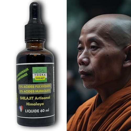 YOOKA Shilajit naturel ARTISANAL LIQUIDE 60ML OR pure Himalaya. 70% ACIDE FULVIQUE, +85 minéraux, 12% acide humique. Séchage soleil 60j, purifiée 40 fois. CERTIFICATION ALIMENTAIRE FRANCE