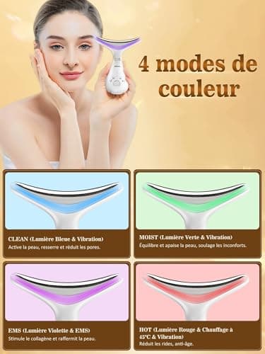 Appareil Massage Visage Anti Rides: Masseur Facial Double Menton Electrique 4 LED Couleurs - EMS Thermique 45°C 3 Mode Massage Lifting - Appareil de Beauté Raffermissement du Visage et du Cou Anti-Âge