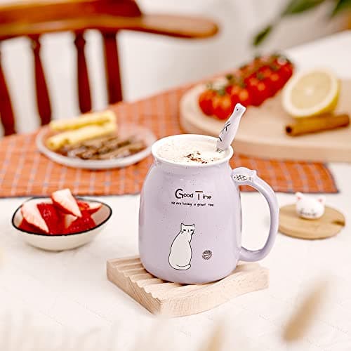 Chat Tasse Jolie tasse à café en céramique avec couvercle et cuillère en bois chat kawaii Nouveauté Morning Cup Tasses à thé au lait au café Tasses de chat pour les amoureux des chats Femmes (mauve)