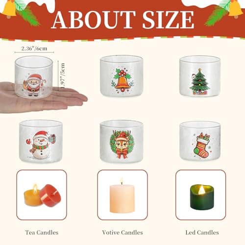 Glasseam Porte-Bougies De NoëL : Bougeoirs en Verre pour Bougies Chauffe-Plat Lot De 6 Bougeoirs DéCoratifs De NoëL Mignon Petit Bougeoir Votif pour Les Centres De Table FêTe DéCoration Maison Cadeau