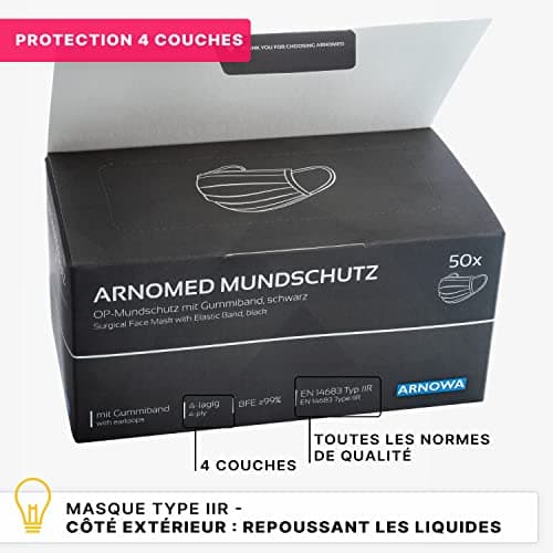 ARNOMED Masques médicaux noirs 50x, masques noirs type IIR, masques médicaux noirs conformes à la norme EN 14683, masques chirurgicaux noirs 4 couches certifiés CE, protège-masques jetables noirs