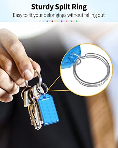 Uniclife 20 Pièces Porte Clés Porte Clef en Plastique de 5 cm avec Étiquettes en Papier Vierge Lignées Couvercles Transparents et Anneaux Fendus Identificateurs d'articles Robustes, 8 couleurs