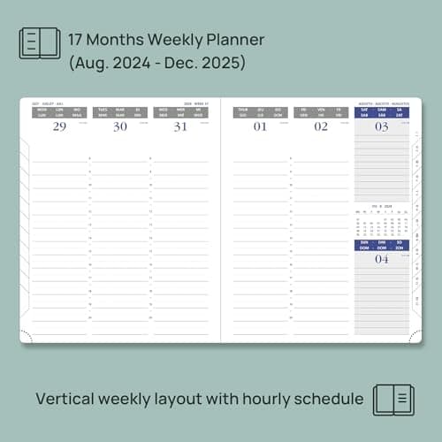 POPRUN Agenda 2025 Semainier 26,5 x 21,5 cm De Août 2024 à Déc 2025, Premium Planner Scolaire 17 Mois, Couvercle en cuir de coton PU, Papier Certifié FSC® 100 g/m2 - Forêt Vert