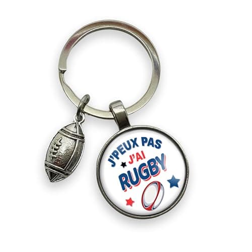 Porte-clés rugby « J'peux pas j'ai rugby » avec cabochon et breloque ballon – Cadeau idéal pour rugbyman - joueur de rugby - création