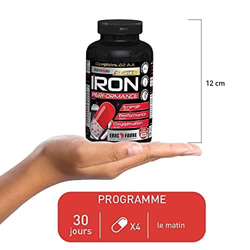IRON PERFORMANCE Complexe Bioaminoée® - Booster Musculation, Oxygenation du Sang - Dipeptides 22 Acides Aminés + Fer Héminique - 120 Gélules - Laboratoire Français Eric Favre