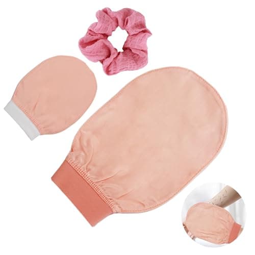 Lot de 2 gants exfoliants 3 en 1 en soie et 1 élastique pour cheveux en satin, gants exfoliants et gants 100 % soie pour enlever les peaux mortes
