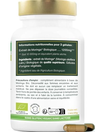 Moringa Oleifera BIO | Extra Fort, 10 000mg par jour | 100% Naturel et Pur | 90 Gélules vegan de 400mg | Qualité Supérieure