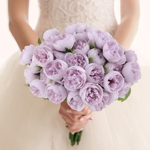 Hobyhoon Lot de 2 Bouquets de pivoines artificielles de renoncules en Soie avec tiges, 54 corolles décoratives pour centres de Table, Arrangements de Mariage, fête prénuptiale (Violet)