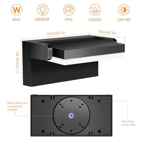 LEDMO 60W Applique Murale Exterieur/Intérieur 5000Lm Noir Applique Exterieur Led étanche IP65 3000K Projecteur Exterieur Led avec panneau LED pivotant à 360° pour Terrasse Entrée Jardin Garage