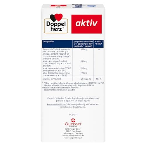 Doppelherz – Omega-3 1400 – Teneur élevée en acides gras Oméga 3 EPA et DHA & vitamine E – Pour la bonne fonction cardiaque – Huile de poisson de mer – 120 gélules