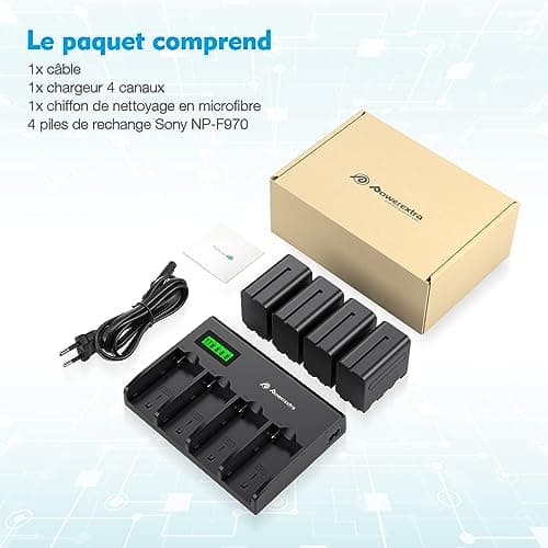 Powerextra NP-F970 Batteries Lot de 4 Batteries et Chargeur 4 canaux pour NP-F970, NP-F960, NP-F950, NP-F930, NP-F770, NP-F750, NP-F570, NP-F550