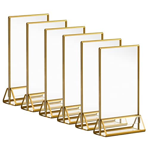 Porte-panneaux en or Acrylique 10x15cm, 4x6'' Cadres d'images Claires avec Bordures Dorées et Support Vertical, Support de Menu de Table Double Face pour les Numéros de Table de Mariage, Lot de 6