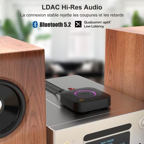 1Mii B06S+ LDAC Recepteur Bluetooth 5.2 pour la Musique Haute Résolution Stéréo à Domicile, Adaptateur Audio sans Fil Hi-FI avec aptX HD/Faible Latence, Recepteur de Contrôle du Volume Longue Portée