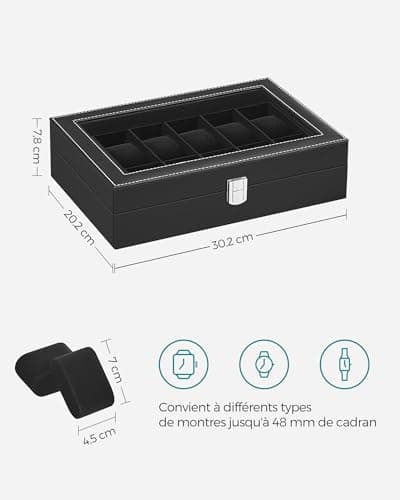 SONGMICS Boîte à Montres à 12 Emplacements, Coffret à Montres, Écrin, avec Couvercle en Verre, Coussinets Amovibles, Serrure en Métal, Revêtement en Noir et Doublure en Noir JWB12B