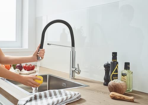 GROHE Robinet de cuisine évier Feel, Robinet avec douchette extractible, Bec en forme de U, Inverseur 2 jets, Installation et nettoyage facile, Supersteel, 31489000 (Import Allemagne)