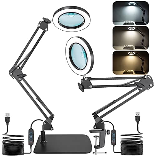 Jubor 2 en 1 Lampe de Bureau Loupe, 15X 10X Loupe avec Lumière et Support, Lampe Loupe LED avec Bras Pivotant, Lampe de Bureau avec 3 Modes de Couleurs Réglables pour Lecture, Réparation, Artisanat