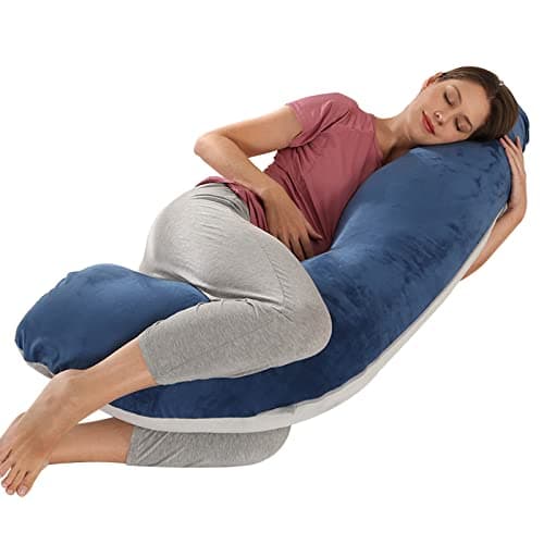Coussin de Grossesse pour Dormir, Oreiller de Grossesse pour Femme Enceinte en Forme de J Support Coussin d'allaitement et Coussin de Maternité avec Housse Lavable et Remplable, Velours Bleu Gris