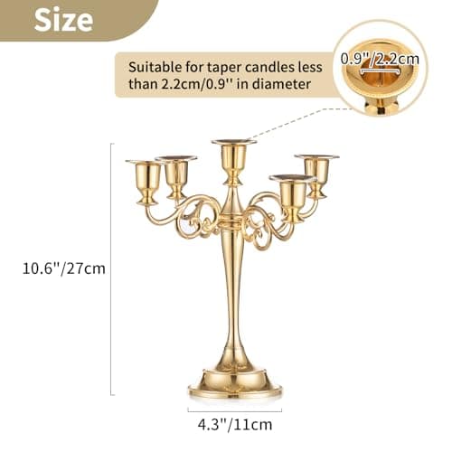 Nuptio Candélabres Bougeoirs Dorés 5 Bras en Métal Bougeoirs 27cm Haut Bougeoir Conique pour Mariage Fête d'anniversaire Table À Manger Salon Cheminée Décorations Noël